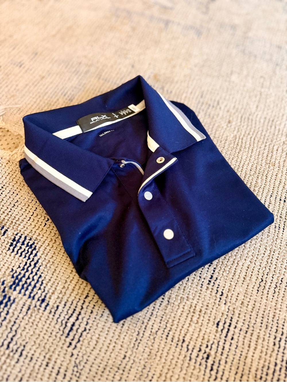 RLX Ralph Lauren Women’s Navy Polo with White Stripe Collar Sz M